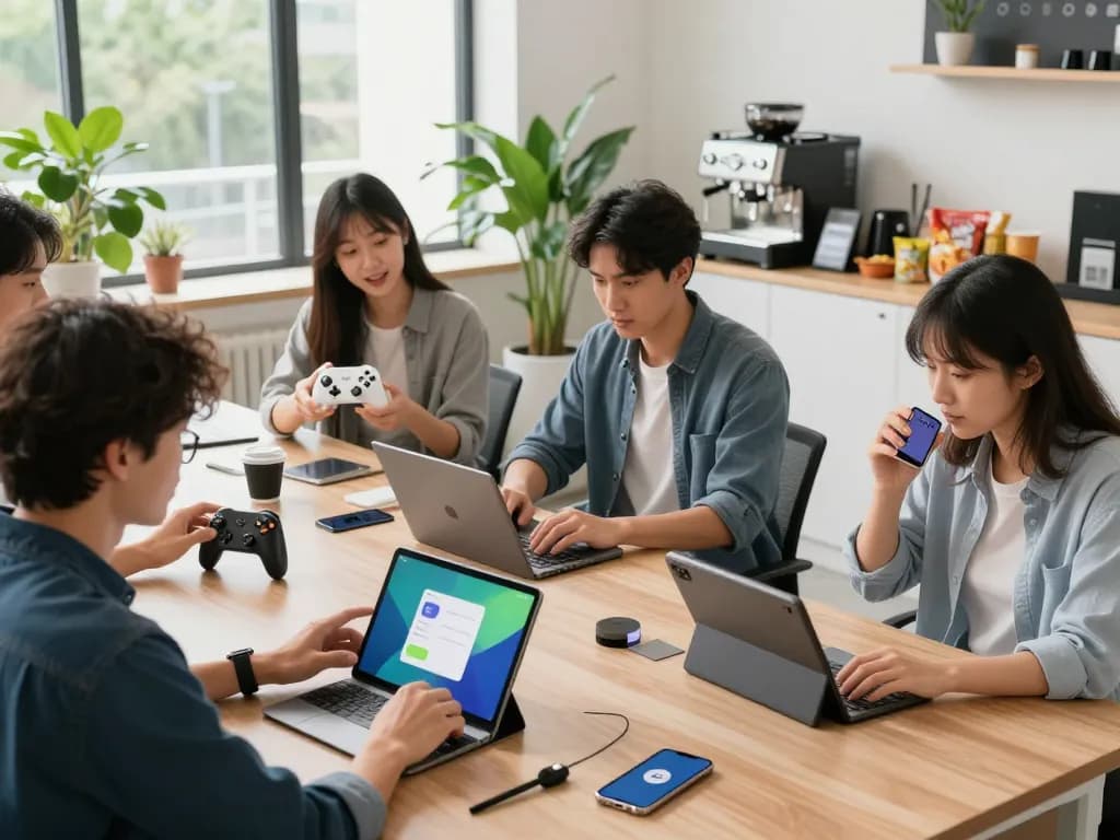 Group exploring unique tech gadgets in a modern workspace, showcasing 8BitDo Ultimate 2 controller, Rii i4 Mini Bluetooth Keyboard, and Tile Mate app interaction.