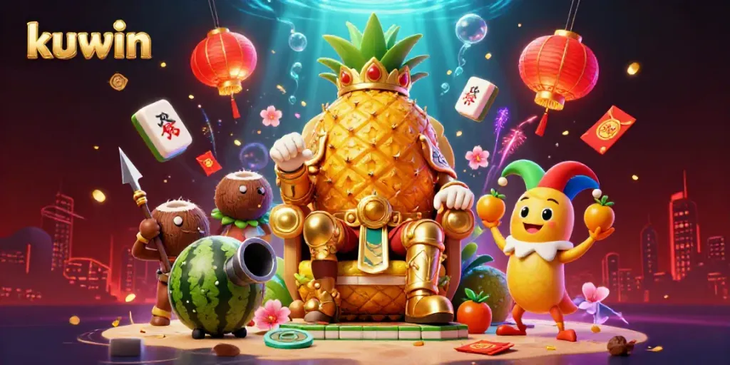 Kuwin's 3D illustration featuring a golden pineapple king with bodyguards and a jester in a vibrant casino scene.