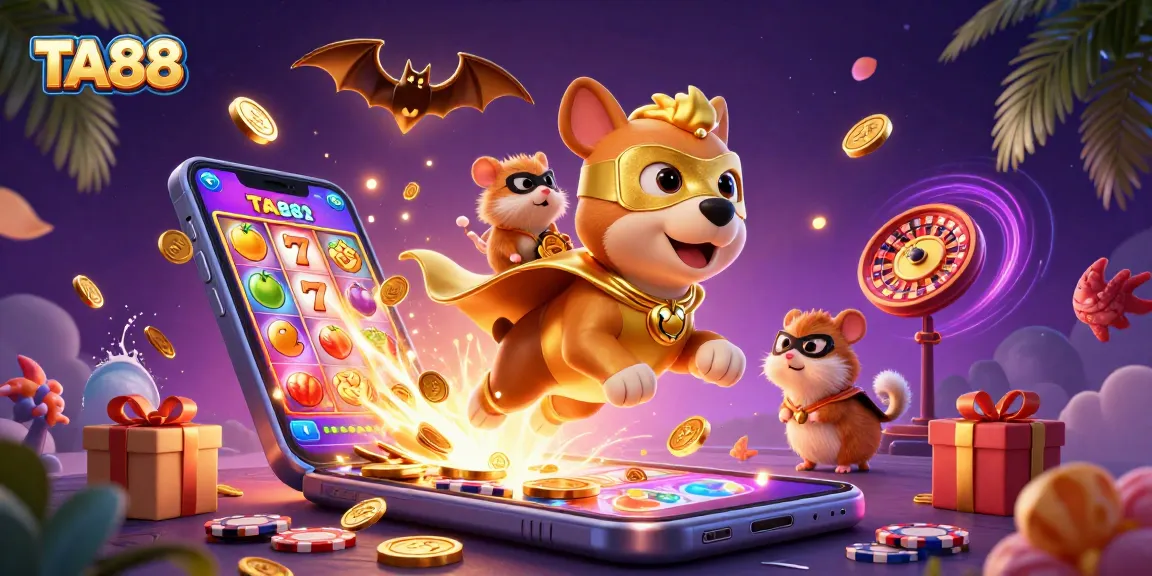 TA88 casino-themed illustration featuring a dog superhero flying with coins and a colorful slot game.