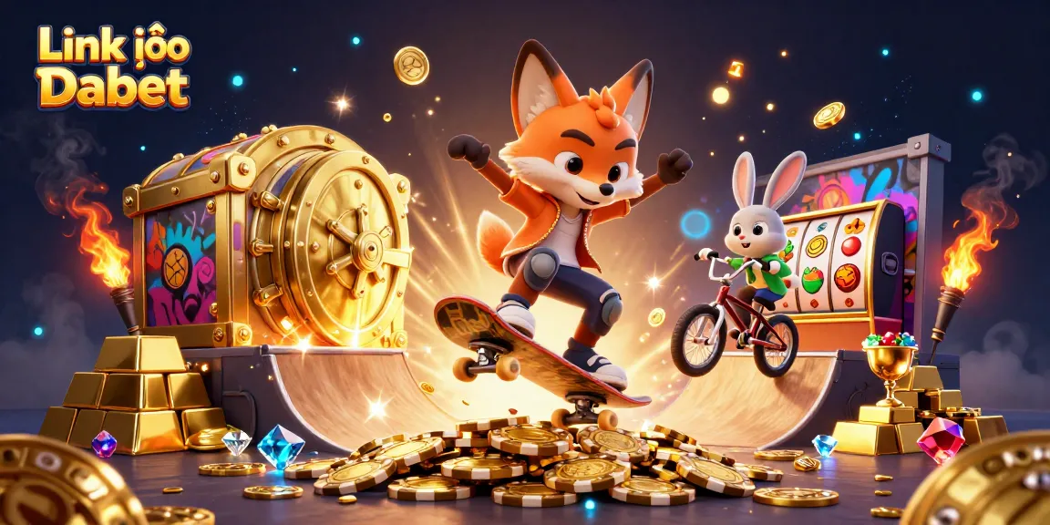 Link vào Dabet showcases a vibrant scene with a skateboarder fox and BMX rabbit in an exciting casino environment.