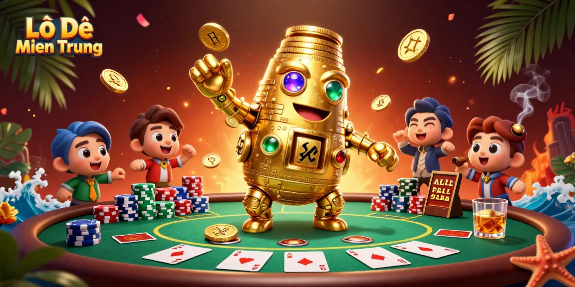 Lô Đề Miền Trung offers a thrilling poker scene with rich gold elements, featuring a dynamic golden golem.