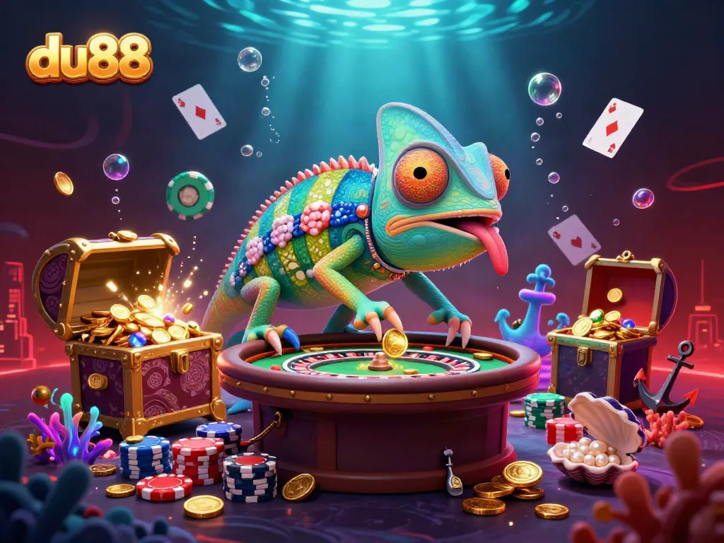 Experience the vibrant du88 casino world with a colorful chameleon owner and exciting game elements.