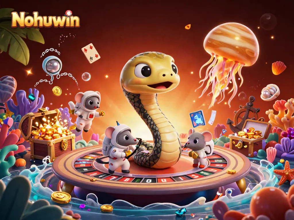 Nohuwin casino action scene depicting astronaut mice betting on a roulette-themed planet.