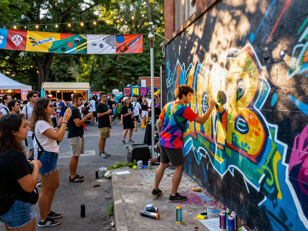 Artist creating rokok88 super mural in vibrant urban festival, capturing community spirit.