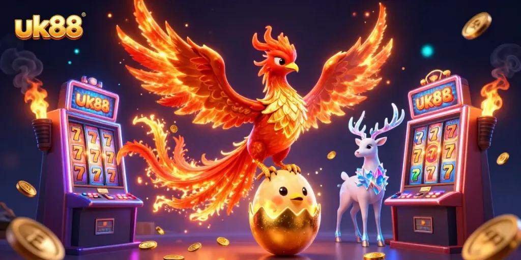 Experience uk88 with a vibrant 3D phoenix scene in a thrilling slot machine atmosphere, showcasing excitement and gaming.