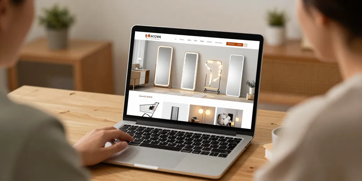 LED bathroom mirror "oglinda baie" displayed in a cozy online shopping atmosphere, showcasing best deals and digital marketplace options.