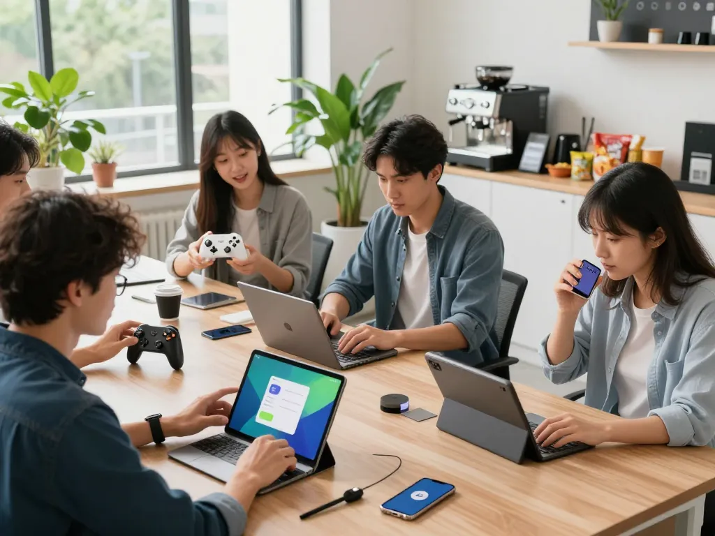 Group exploring unique tech gadgets in a modern workspace, showcasing 8BitDo Ultimate 2 controller, Rii i4 Mini Bluetooth Keyboard, and Tile Mate app interaction.