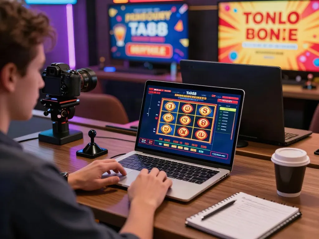 User engaged in online gambling on TA88 platform, laptop showing colorful games and promotional banners.