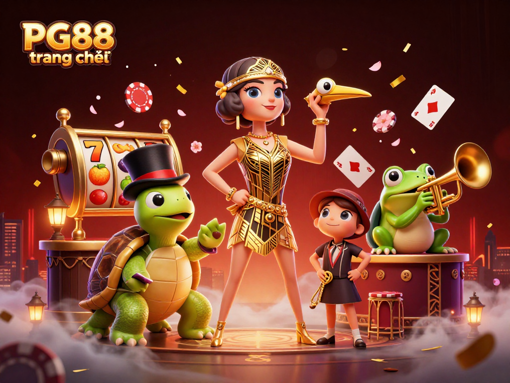 Engage with PG88 trang chủ in a vibrant casino scene featuring animated characters and colorful slot games.