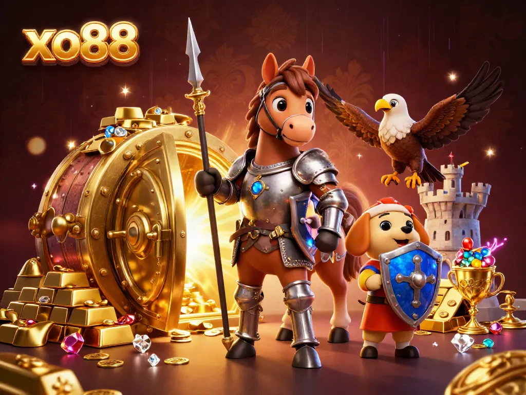 Experience high-stakes action at xo88 with a knight, puppy, and falcon amidst treasures.