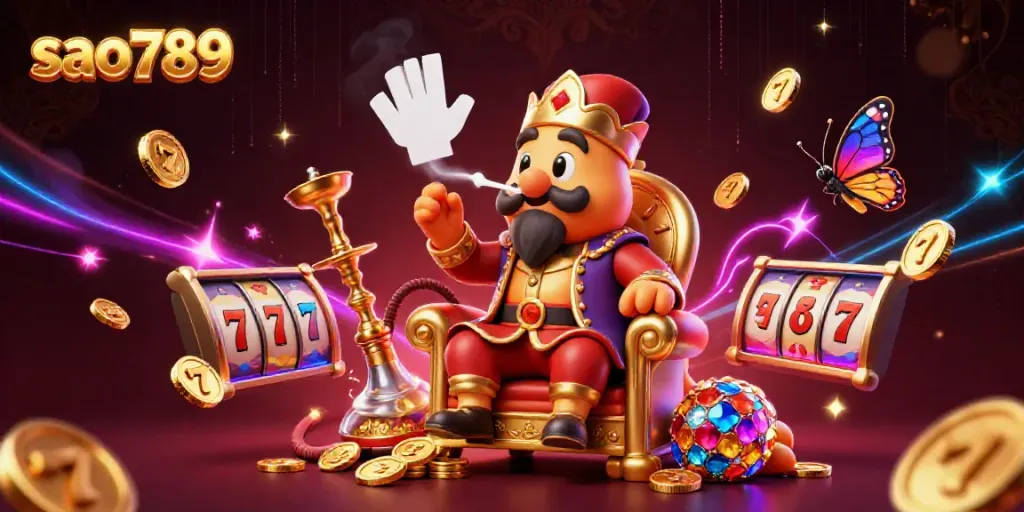 Engage with the vibrant world of sao789 through a fantastical illustration showcasing a magical caterpillar master at a golden throne surrounded by slot game elements.