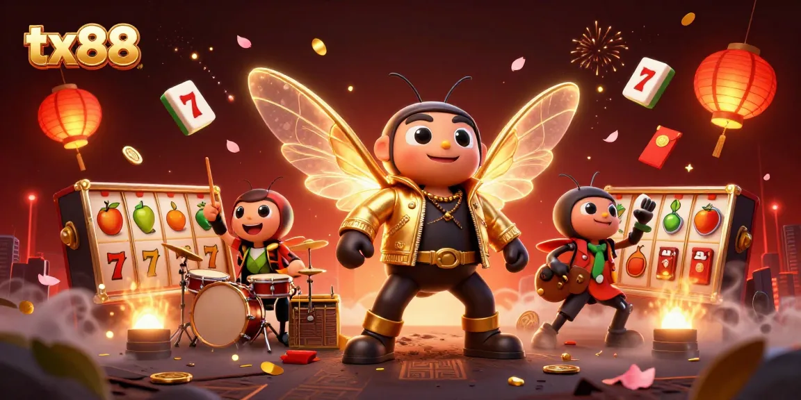 Experience tx88's vibrant cartoon illustration featuring a cicada rock star and exciting slot games.