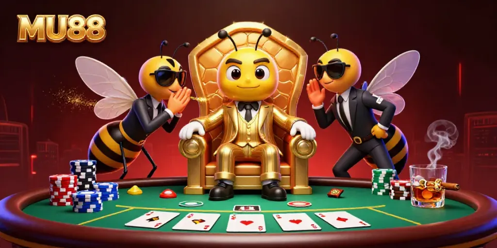 Experience the vibrant MU88 casino scene with a bumblebee mob boss and poker game elements.