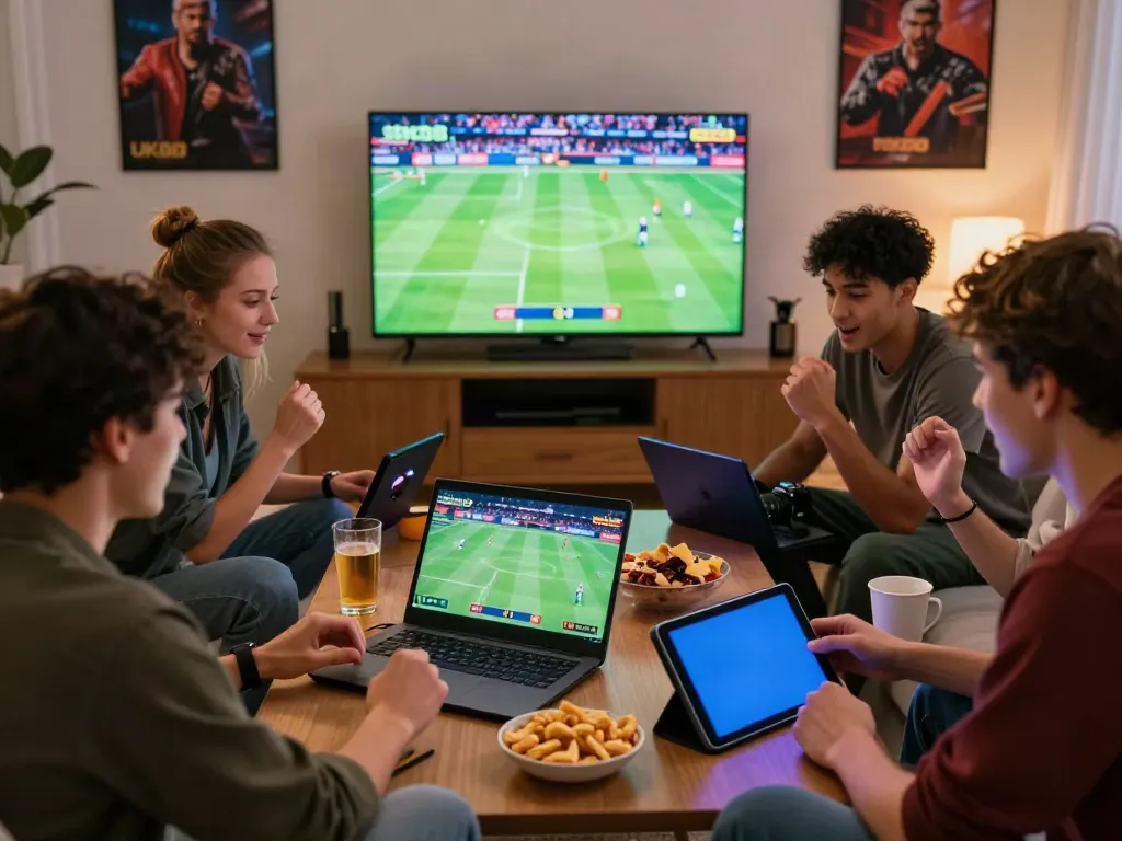 Friends enjoying online gambling at UK88 in a cozy living room with sports on TV.