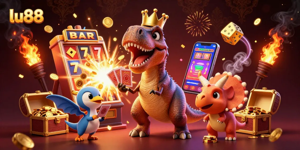 lu88 features a playful T-Rex card shuffling, lucky symbols exploding, and vibrant casino action.
