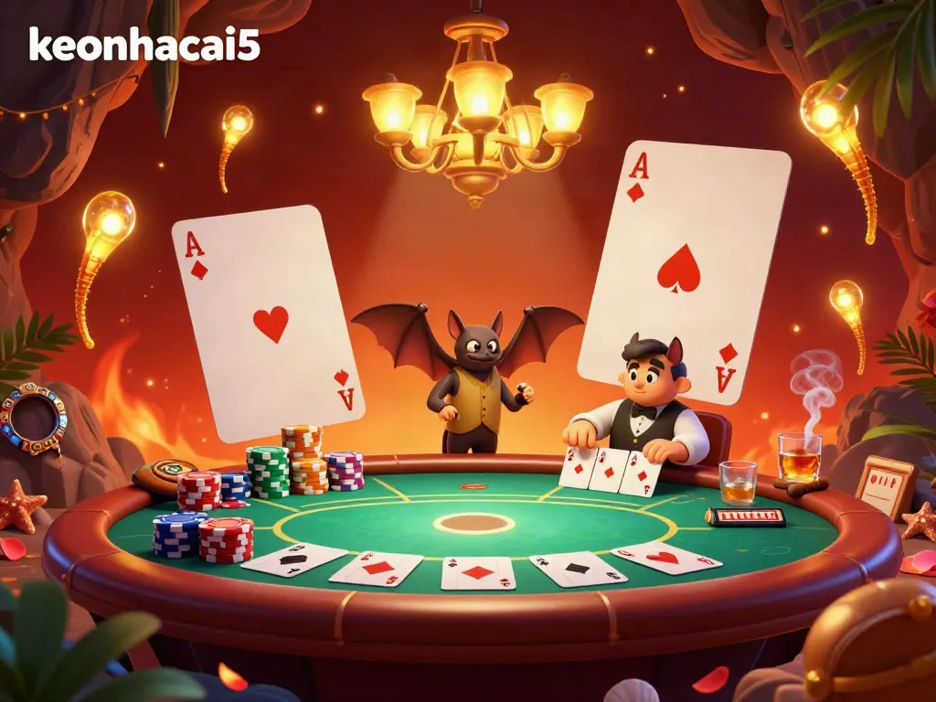 Catch the excitement of keonhacai5 as glowworms illuminate a vibrant cave casino scene filled with poker action.