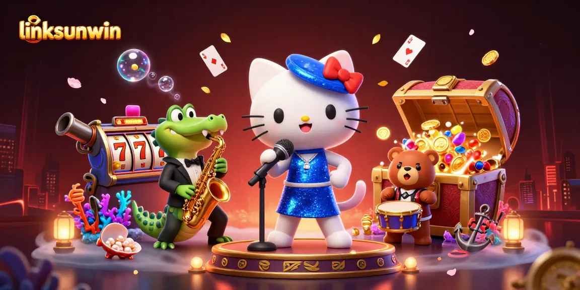Engage with linksunwin's thrilling casino scene featuring vibrant characters and slot machines.