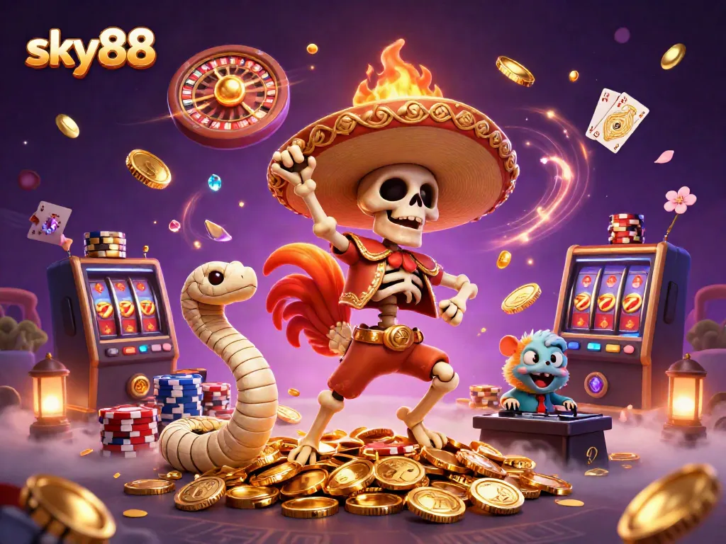 Experience thrilling gaming at sky88 with a lively 3D casino scene featuring cartoon characters celebrating wins.