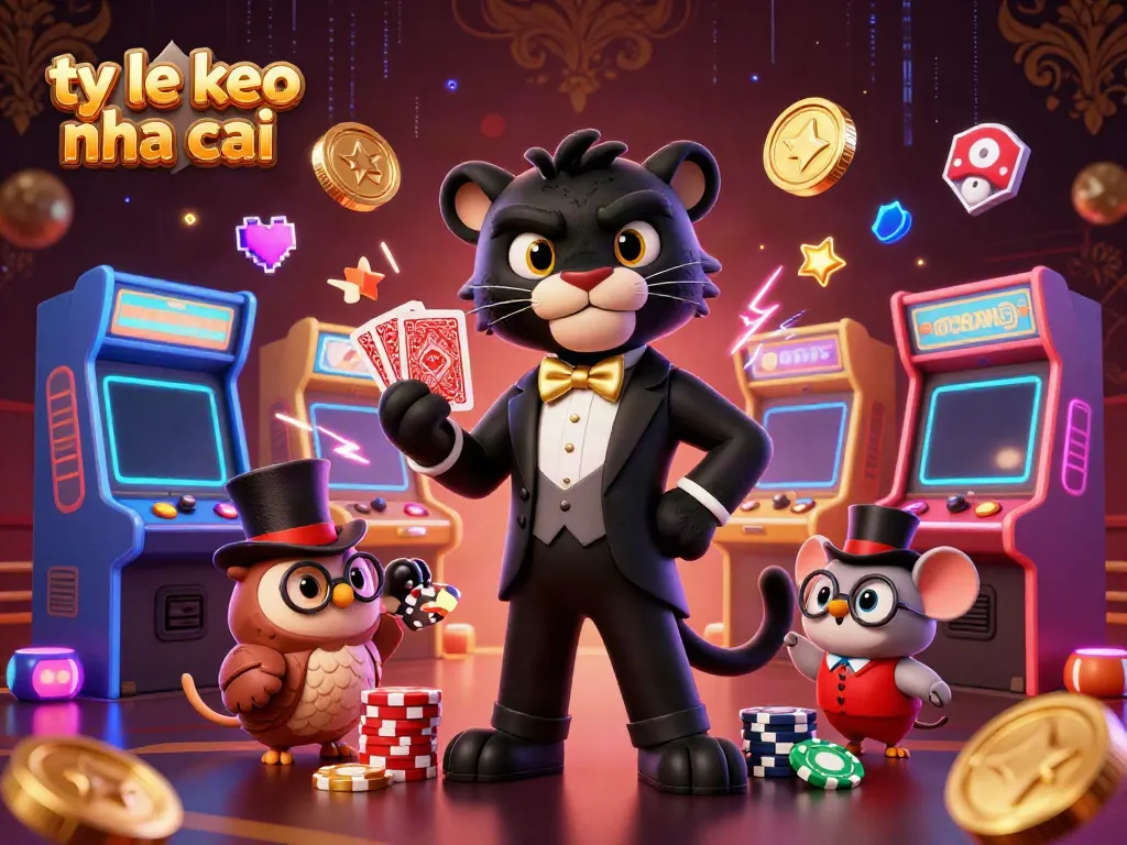 Winning at ty le keo nha cai with a stylish panther dealer and charming owl, surrounded by colorful gaming elements.
