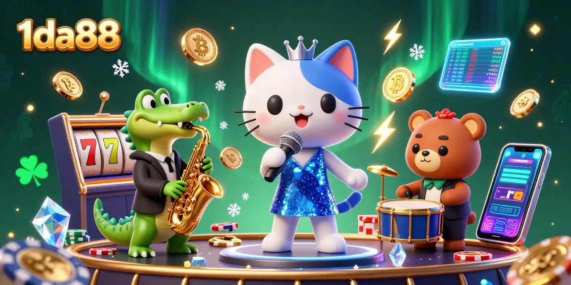 Jazz singer cat and band perform at 1da88 casino with vibrant slot machine elements and neon crypto coins