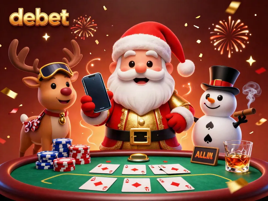 Experience the excitement of debet with a festive casino scene featuring Santa Claus showcasing jackpot slots.