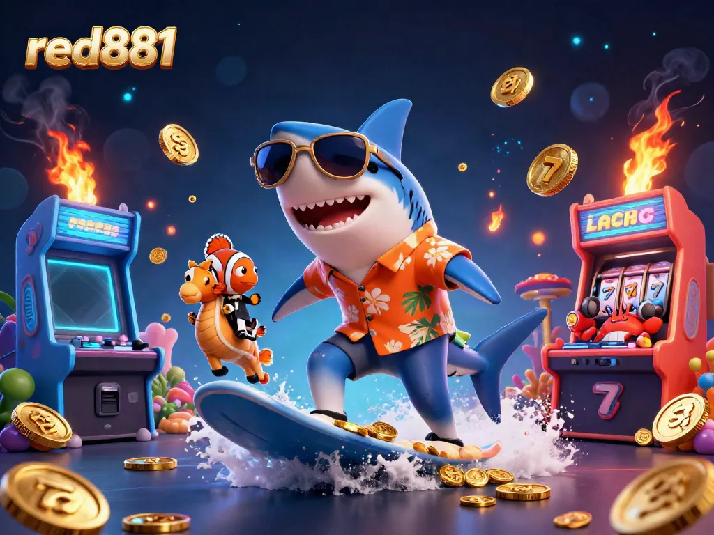 Experience winning excitement at red881 with cartoon characters surfing gold coins in a vibrant casino world.