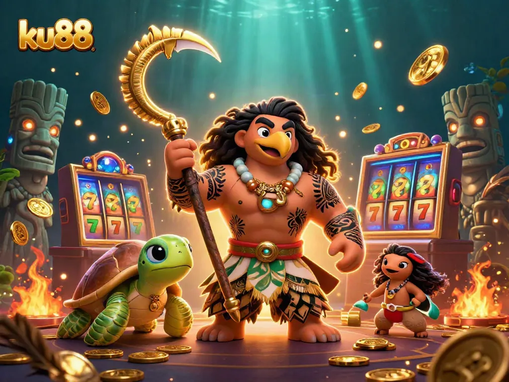 Win big with ku88 in this vibrant 3D casino scene featuring a demigod and treasures.