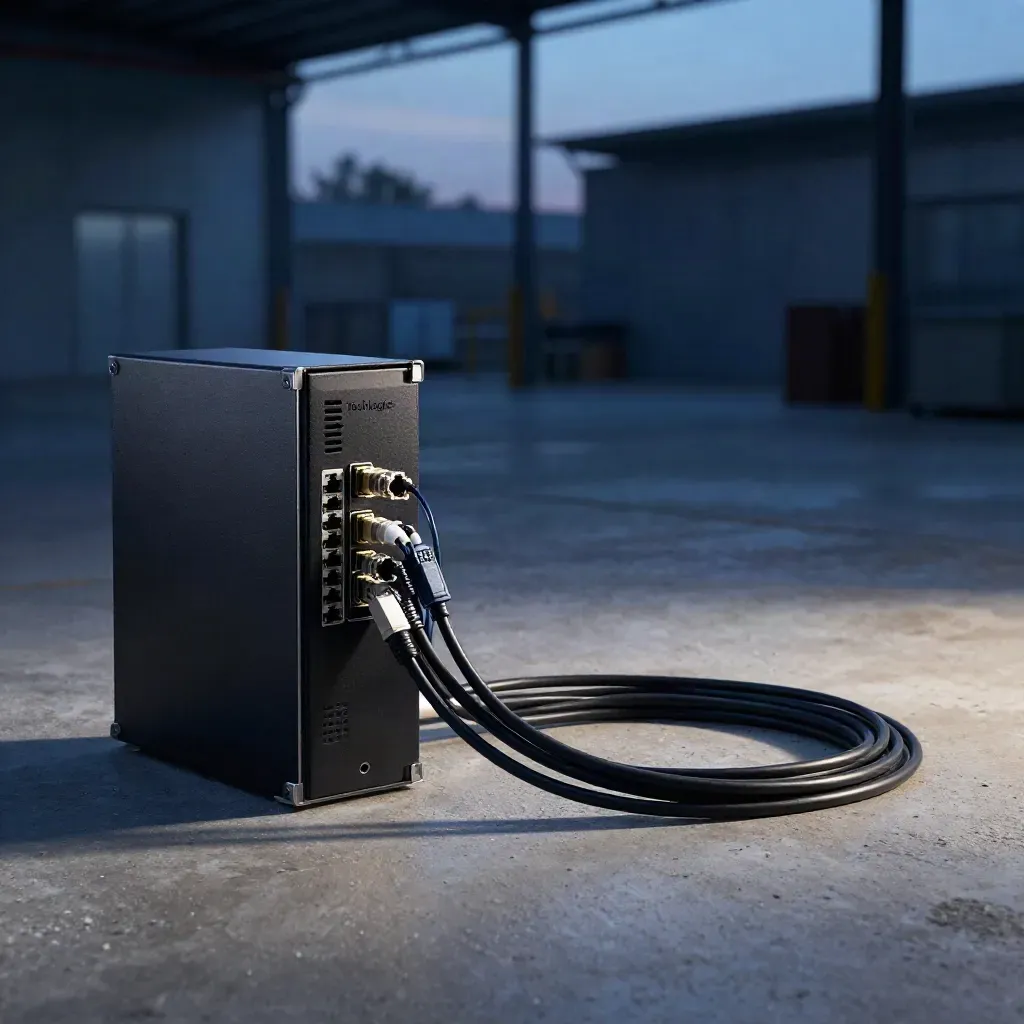 Pale taş üzerinde firewall cihazı, ethernet kabloları ve fiber parçalarıyla modern teknoloji sahnesi.