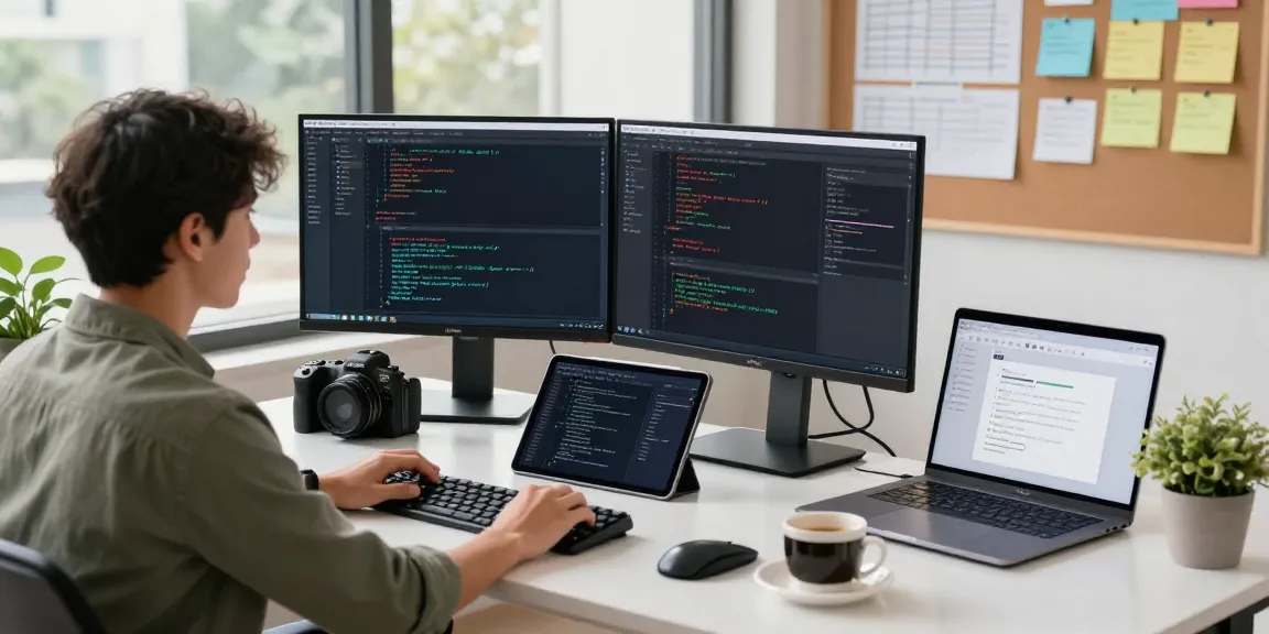 Dynamic workspace featuring the WPS Official Website software on multiple screens, highlighting a productive tech environment.