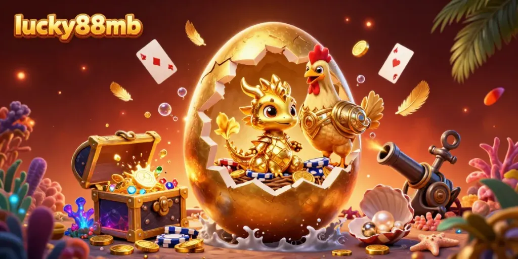 Experience the excitement of lucky88mb with a golden dragon and poker chips amid riches.