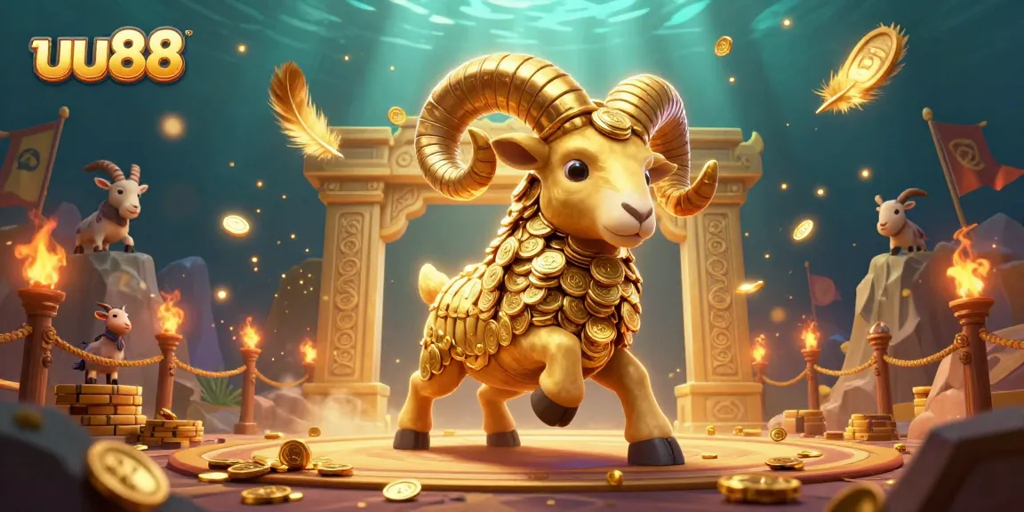 Engage with the dynamic uu88 scene featuring a golden ram charging at a gate amidst swirling golden tokens.