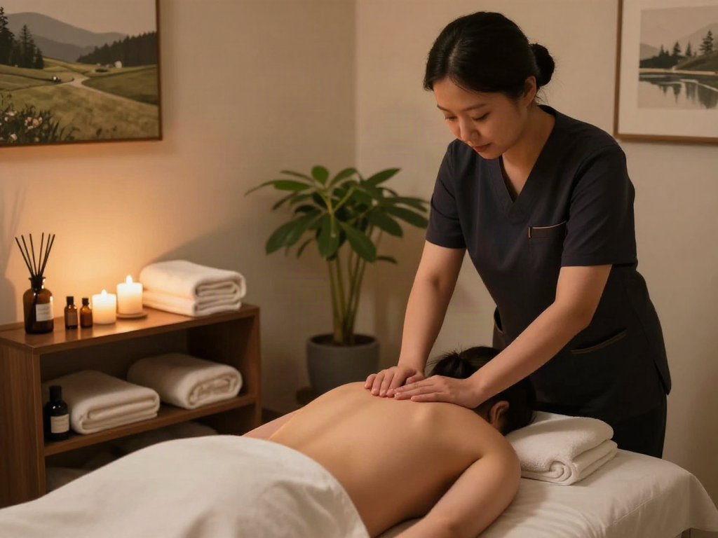종로출장 massage therapist providing a calming and relaxing experience in a serene wellness room, enhancing relaxation.