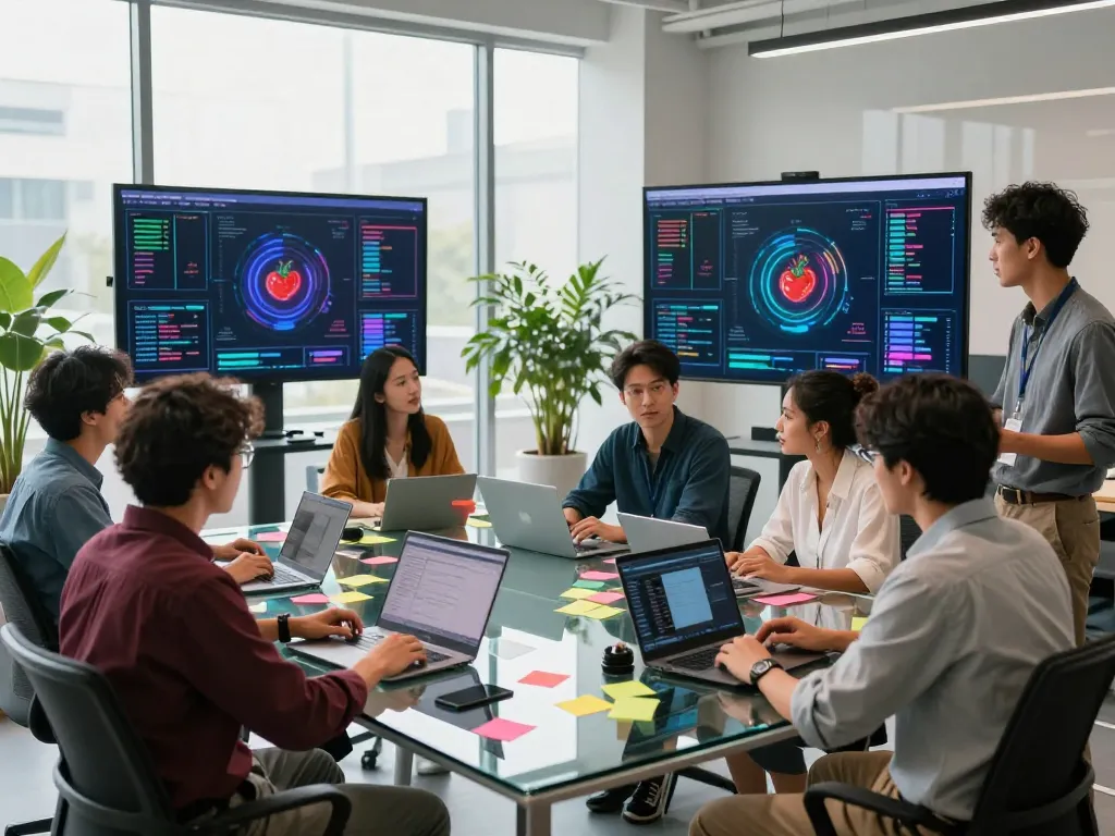 A vibrant workspace illustrating teamwork on spicy AI innovations with screens displaying AI-generated content.