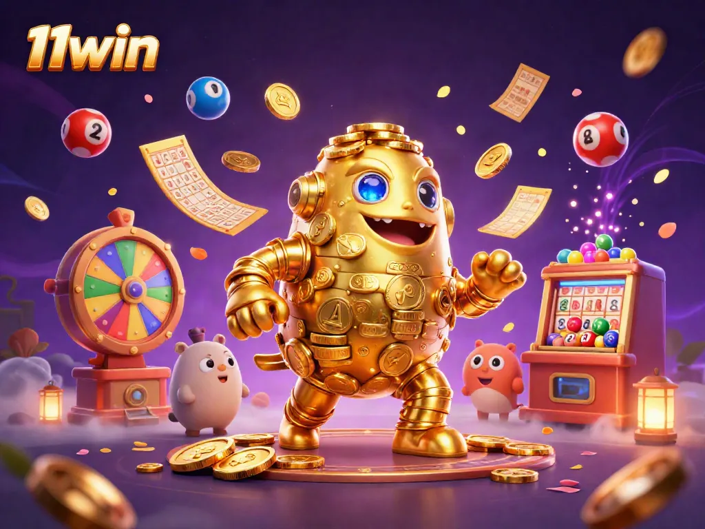 Engage with 11win's vibrant gaming world showcasing dynamic lottery elements and a golden golem.