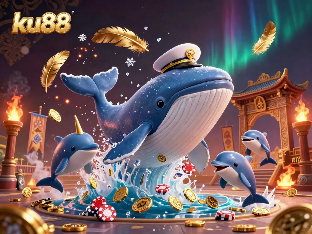 Experience thrilling gaming at ku88 with a whimsical 3D scene featuring a giant whale, narwhal, and dolphins.