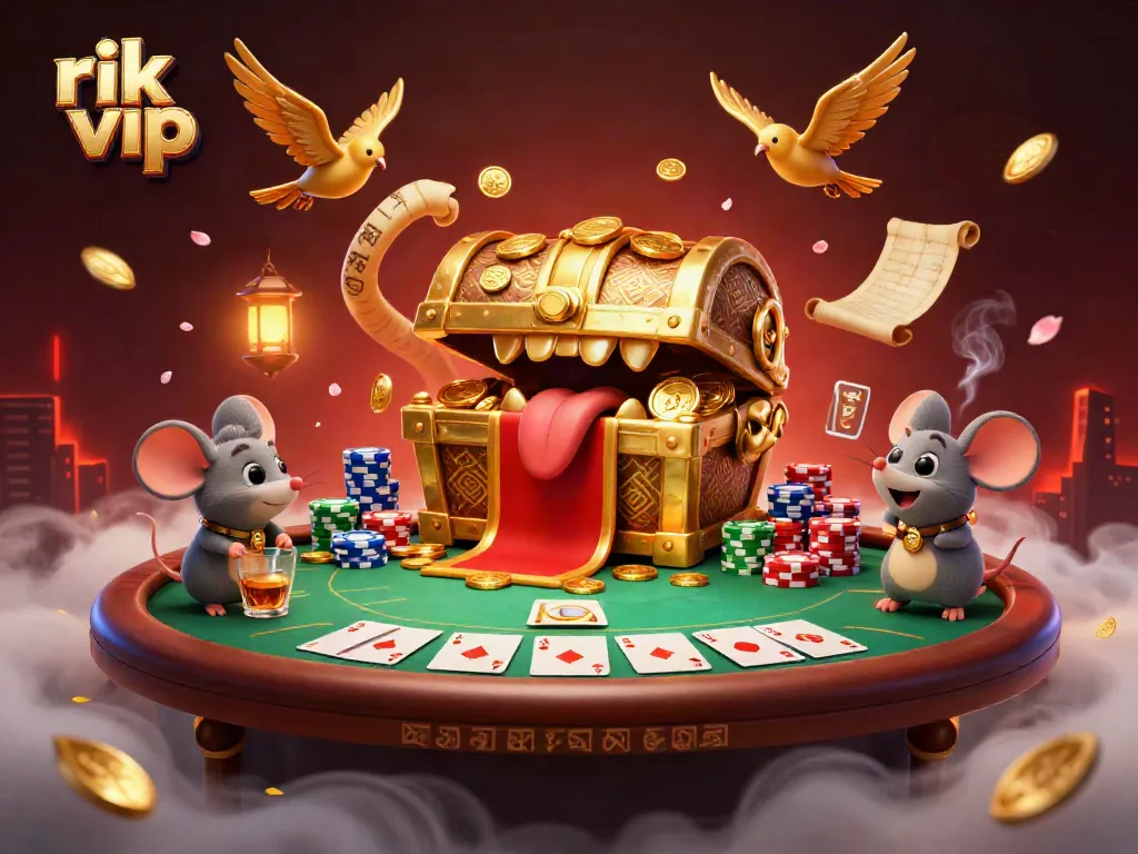 Engage in thrilling action at rik vip with a golden treasure chest and vibrant poker scene.