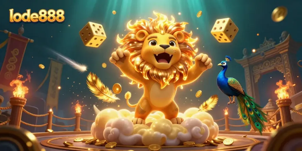 Join the excitement of lode888 with majestic lions, golden dice, and dynamic casino elements.