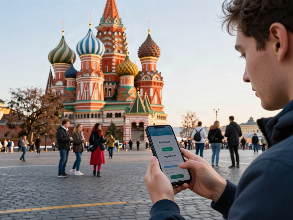 Rusya'da gezinirken PayInRussia uygulaması ile dijital ödeme seçeneklerini kontrol eden turist.