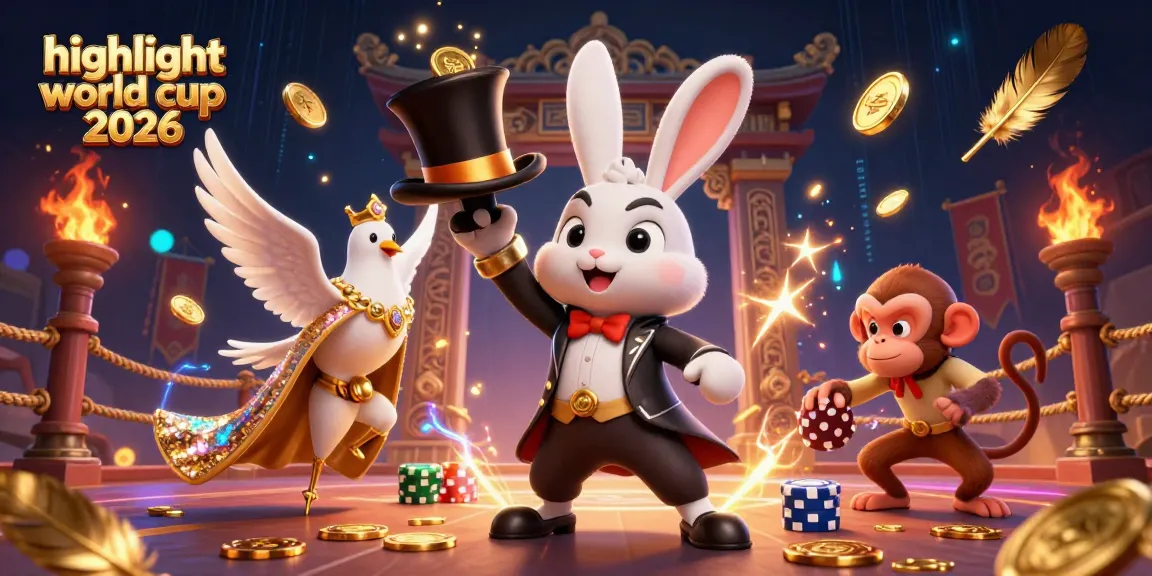 Engaging scene with a magician rabbit showcasing highlight world cup 2026 through a dynamic 3D illustration filled with casino elements.