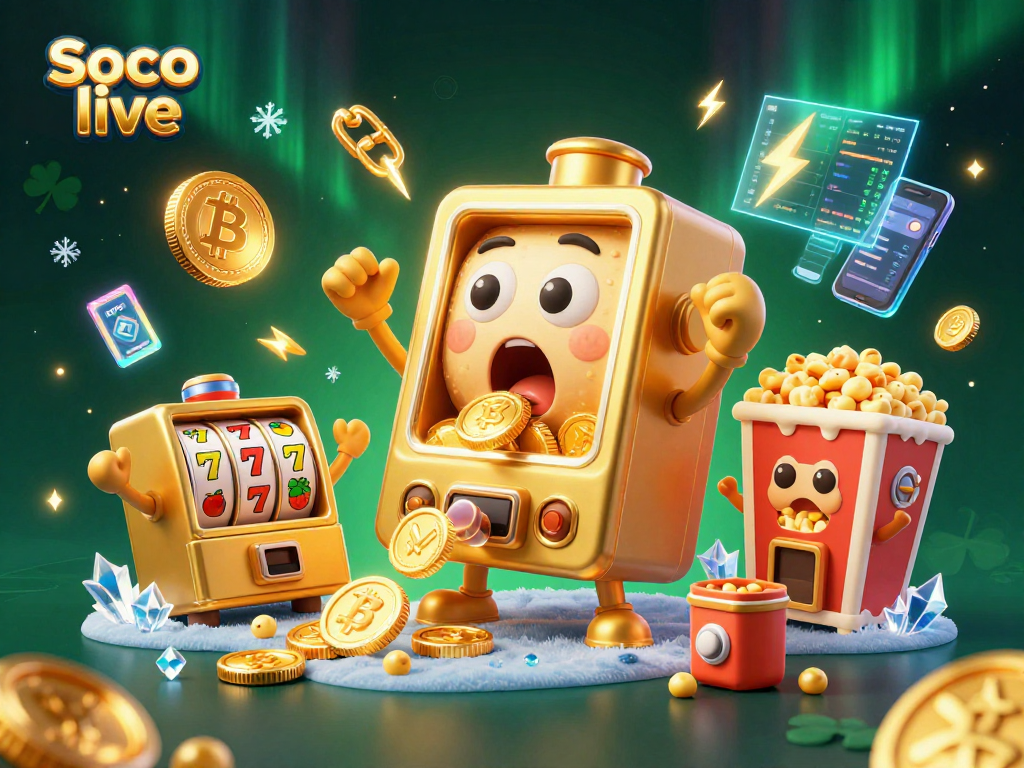 Soco live slot machine springs to life, celebrating a big win with Bitcoin and Ethereum coins surrounding it.