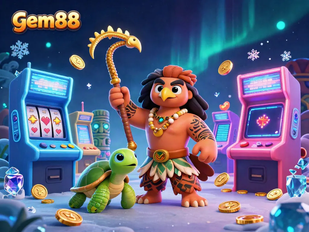 Join the exciting action on gem88, featuring a vibrant casino scene with a demigod and gaming elements.