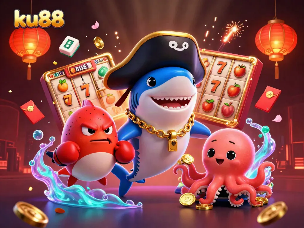 Engage with ku88's thrilling adventure in this vibrant illustration featuring a shark, pufferfish, and octopus with casino elements.