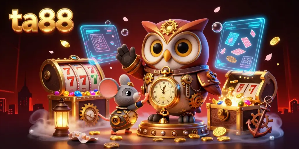 Experience the thrilling adventures of ta88 with a whimsical owl and mouse in a vibrant casino atmosphere.