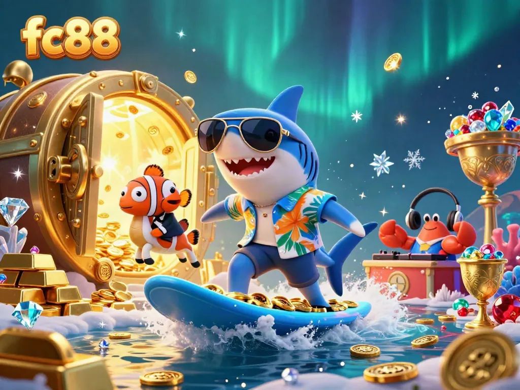 Experience the excitement of fc88 with a vibrant underwater casino scene featuring playful characters and golden treasures.