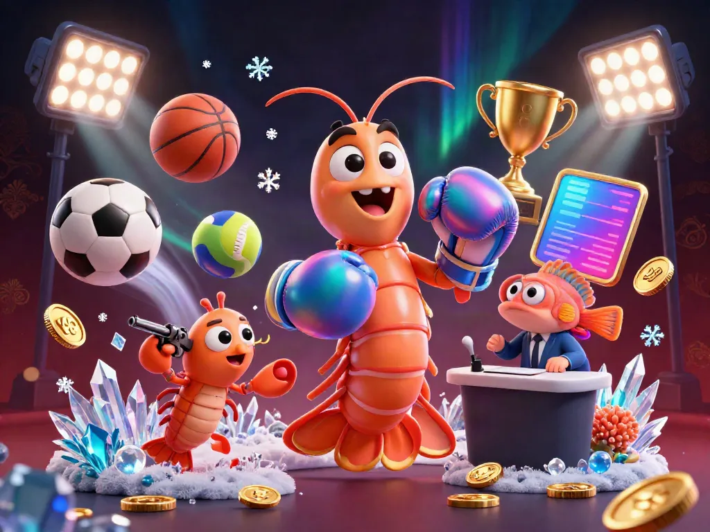 Dynamic nbet scene showcasing a mantis shrimp in boxing gloves with sports elements around.