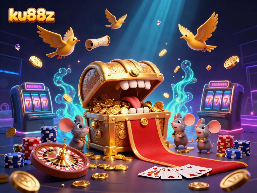 Spin the reels at ku88z's vibrant casino scene, promising treasure and action with immersive game elements.