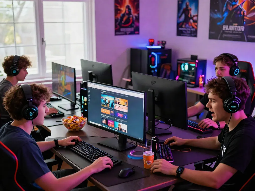 Experience online gaming at https://gem88.bz/ with a vibrant group of players in a cozy tech setup.