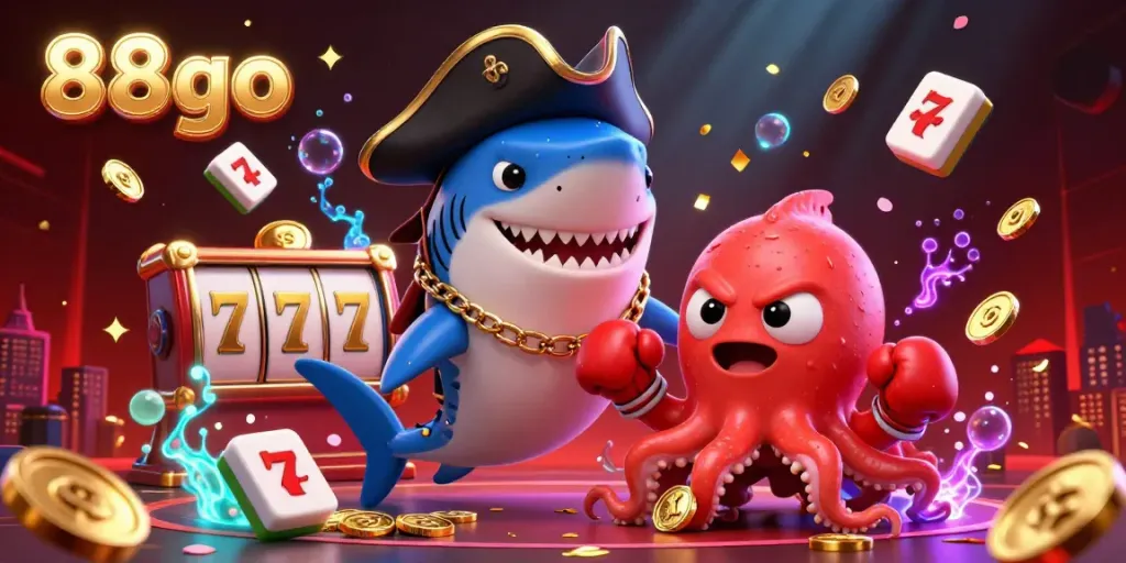 Experience the excitement of 88go with a pirate shark and friends in a vibrant casino scene packed with lucky symbols.