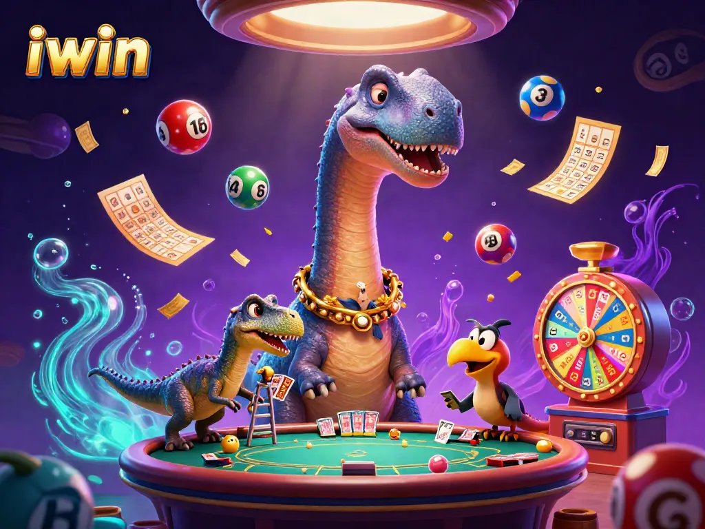 iwin casino scene featuring a brontosaurus, clever raptor, and bingo elements