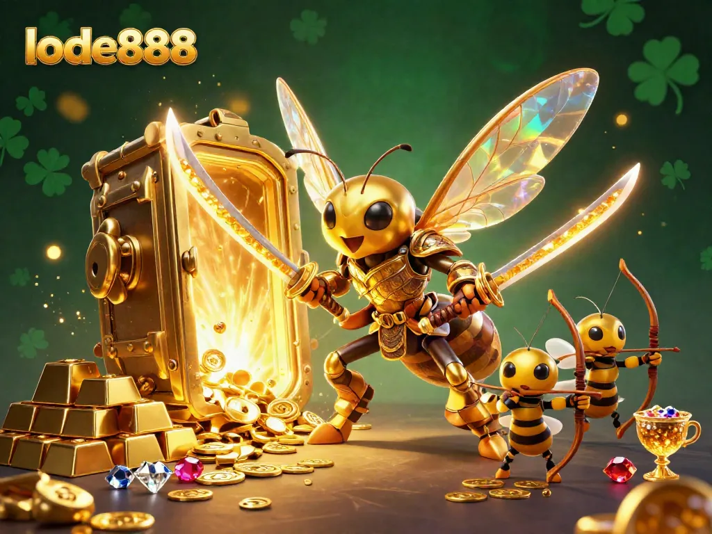 Players winning at lode888 with dynamic characters amidst golden treasures and vibrant casino elements.